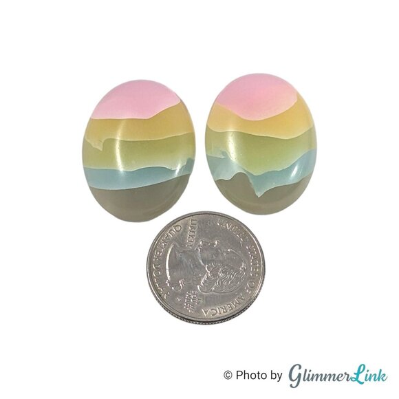 Vintage Lucite Pastel Stripe Oval Earrings 1980s Pink Yellow Green Blue - Picture 5 of 8